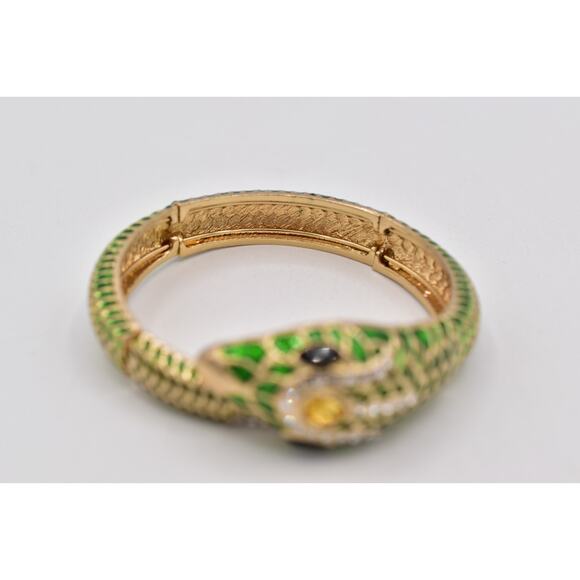 Vintage Green Enamel Snake Bracelet Rhinestone Eyes Hinged Gold Serpent 90s BinO - Picture 10 of 12
